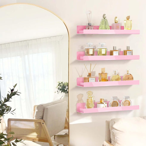 4 Pack 15 Inch Pink Acrylic Shelves, Kids Floating Bookshelf for Kids Room, Modern Nail Polish Rack Sunglasses