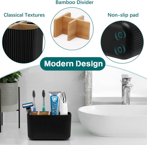 Black Bamboo Toothbrush Holder for Bathrooms, Electric Toothbrush Organizer for Kids and Family Countertop