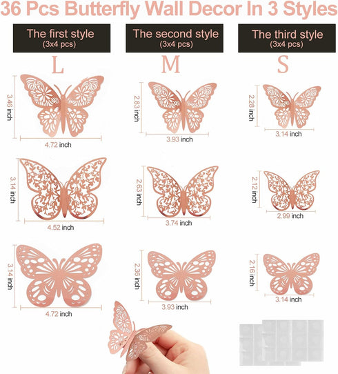 36 3 3 3D Pcs Butterfly Wall Decor, Styles Sizes Rose Gold Butterfly, Wedding & Birthday Party Decorations, Girls
