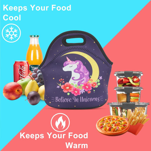 Violet Mist Cute Neoprene Lunch Bag, Insulated Tote Black Unicorn Reusable Lunch Box for Women