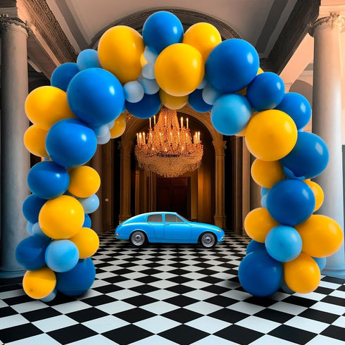 155Pcs Race Car Balloon Garland Arch Kit, Dusty Blue and Yellow Latex Balloon Checkered Foil for Race Car Truck