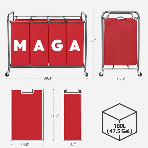 STORAGEIDEAS 47.8 (181L), 4 Laundry Sorter Hamper with Wheels, Laundry Basket Sorter Gal Heavy-Duty Rolling Cart