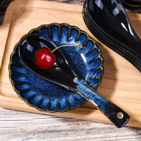 Japanese Ceramic Soup Spoon Set of 5, Blue and Black Table Spoons for Meals, Soups, Ice Creams, Microwave Safe