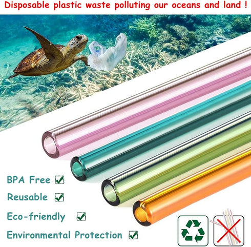 8 Pcs Reusable Glass Straws - Eco-friendly 8"x8mm Drinking Straws for Smoothies, Milkshakes, Multi-Color Mixed
