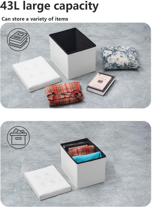 17x13x13in,White Bsketa Folding Storage Ottoman, Foot Stool with Thicker Foam Padded Seat Small Leather Storage Ottoman