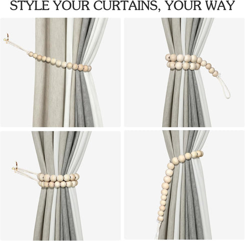 2 Hion Pcs Boho Curtain Tiebacks,Wood Beads Curtain Holdbacks,Outdoor Farmhouse Tie Backs for Curtains,Curtain Holders