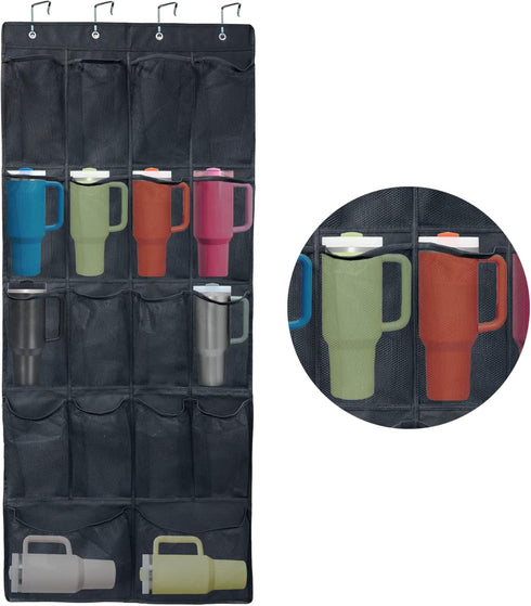 18 Pockets Door Hanging Water Bottle Organizer Rack Up to 40 Pounds, Mesh Large Capacity Door Storage Cups Holder Compatible with Stanley Tumbler for Classroom Office Kitchen