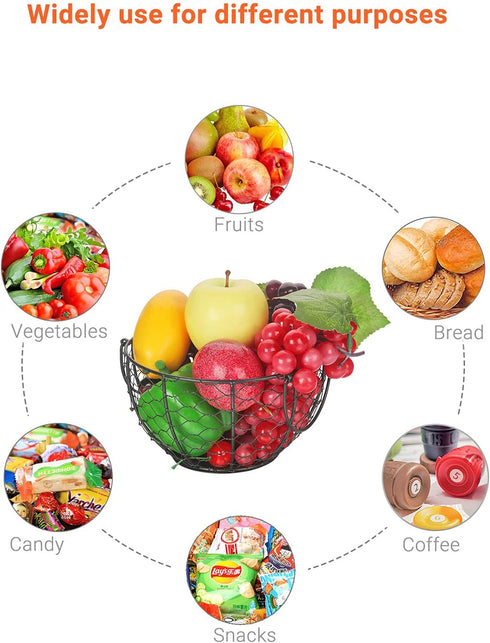 Round Wire Basket Black - Fruit Basket Bowl with Handle for Kitchen Storage of Vegetables and Snacks