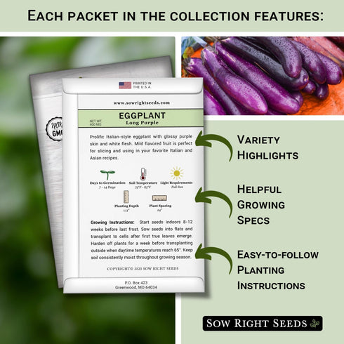 Packet Sow Right Seeds - Eggplant Seed Collection for Planting - Black Beauty, Casper, Rosa Bianca and Long Purple