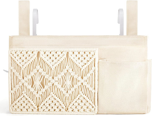 Mkono Boho Macrame Bedside Caddy Hanging Organizer, 4 Pockets for Remote, Magazine, Accessories, Fixed Straps and Hooks