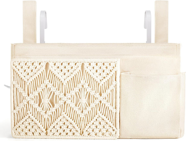 Mkono Boho Macrame Bedside Caddy Hanging Organizer, 4 Pockets for Remote, Magazine, Accessories, Fixed Straps and Hooks