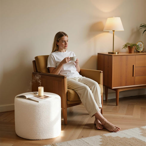 Round Boucle Pouf Ottoman Footrest Soft & Lightweight Footstool with Full Foam Filling for Living Room, Bedroom