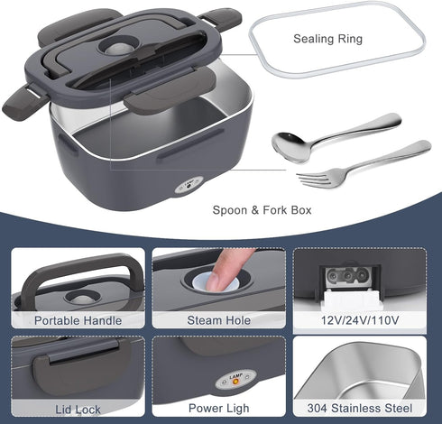 Electric Lunch Box Food Heater, 3 in 1 Portable Warmer, Leakproof Heated Box for Adults, 1.5L Stainless Steel Container