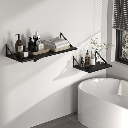 Heimlove 16W 12D Set 2, Black Deep Floating Shelves for Wall, x Wood Wall Shelves of Wide Floating Bookshelf for Living