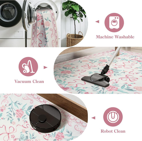 3x5 3' 5') Collive Nursery Rug, Boho Pink Floral Area Rugs Machine Washable, Soft Ultra-Thin Bow Carpet Non Slip