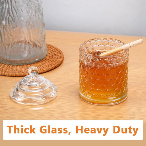 Honey Jar with Dipper and Lid, Thick Glass Honey Pot with Lid and Wooden Dipper, Wide Mouth Food Containers, Honey