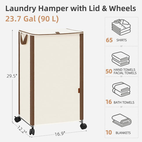 23.7 (90 STORAGE MANIAC Rolling Laundry Hamper with Lid, Gal L) Large Tall Laundry Basket with Wheels & Handles