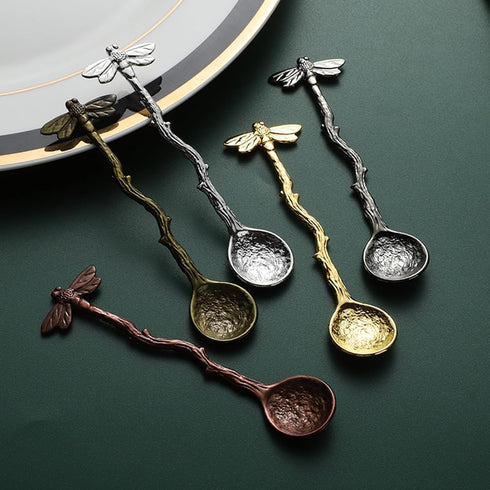 Gold Retro Dragonfly Spoon Coffee Spoon Stainless Steel Tableware Creative Sugar Spoon Tea Spoon Stir Bar Spoon Stirring Spoon, Dessert Spoon, Cake Spoon, Long Handle Spoon for Kitchen and Dining