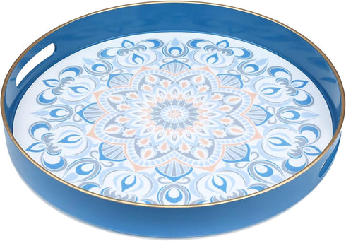 13 Round Blue Decorative Tray for Coffee Table, Ottoman, Plastic Serving Platter Tray with Handles for Entertaining