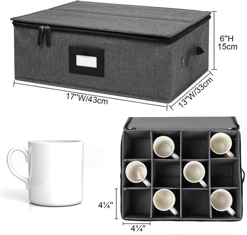 Cup and Mug Storage Box, 12 Cells China Storage Containers for Tea Cups and Coffee Mugs, Hard Shell, Black