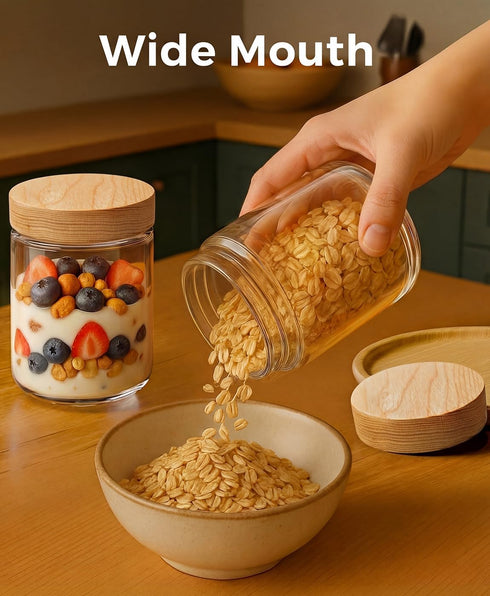 16oz 4 Pack Overnight Oats Containers with Lids, Glass Mason Jars with Ashwood Wood Airtight Lids, Wide Mouth Meal Prep