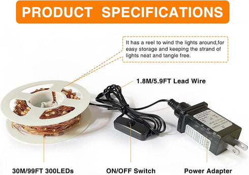 Efirisey in,99ft 300 Fairy Lights Plug LEDs Christmas Lights Indoor Outdoor Warm White Copper Wire,Long Led Fairy