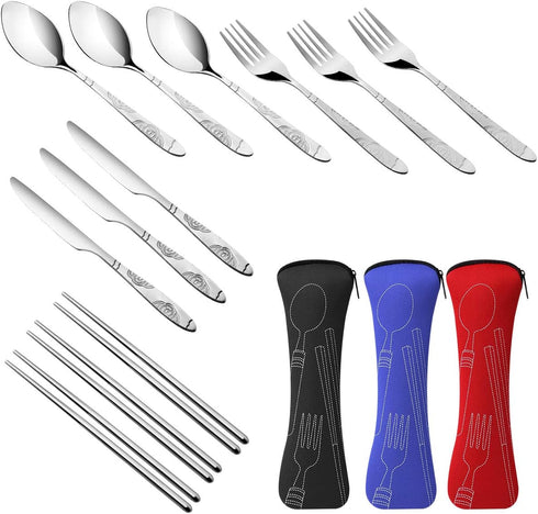 3 Pack Reusable Portable Flatware Sets with Knife, Fork, Spoon, Chopsticks, 12Pcs Stainless Steel Dinnerware with