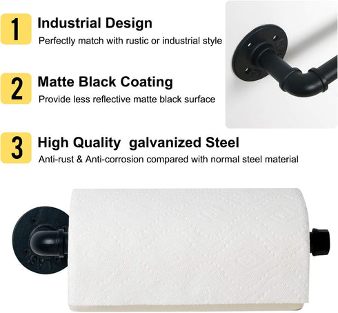 HouseAid Industrial Pipe Paper Towel Holder for Kitchen, Vintage Style Heavy Duty DIY Rustic Paper Towel Rack, Wall