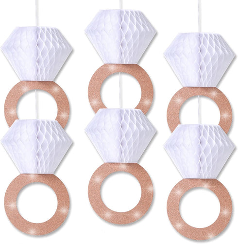 Engagement Party Decorations - Bridal Shower Supplies, Honeycomb Ring Hanging Decorations, Rose Gold Glitter Diamond