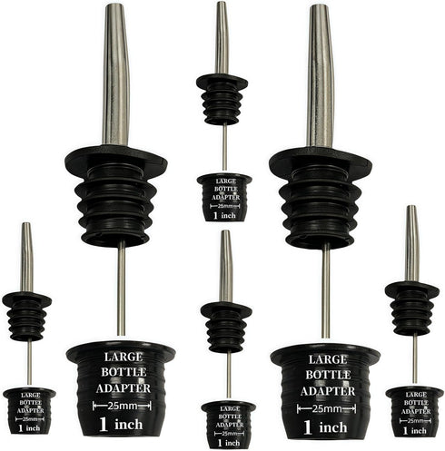 Stainless Steel Classic Bottle Pourers,Black 6 Pack with6 Adapters for Large Neck