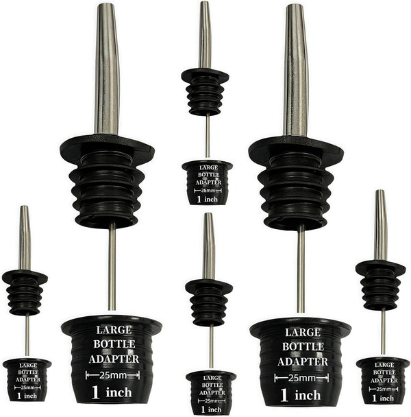 Stainless Steel Classic Bottle Pourers,Black 6 Pack with6 Adapters for Large Neck