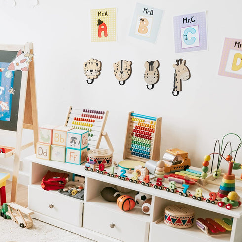4 Qunclay Pcs Safari Animal Wall Hooks for Kids, Wooden Jungle Baby Safari Nursery Decor Hooks, Cute Lion Zebra Giraffe