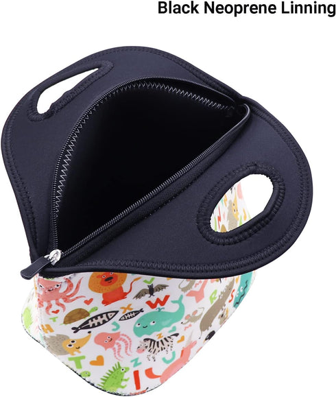 Neoprene Lunch Bag for Kids, Insulated Tote for Women, Men, Teens, Boys, Girls (Alphabet Animals)