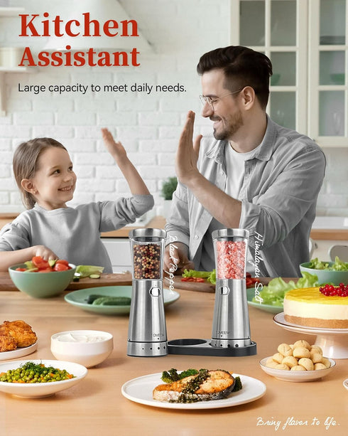 Set Set 4.5 oz 1.8" Electric Salt and Pepper Grinder with Storage Base, Stainless Steel Rechargeable Salt and Pepper
