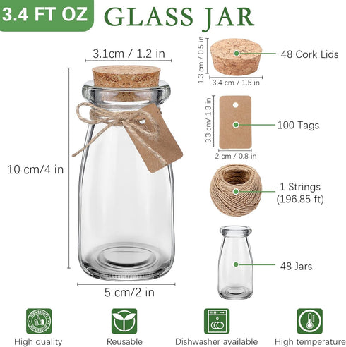 48 3.4 oz Sieral Pcs Mini Yogurt Jars Small Glass Bottles with Cork Lids Mini Milk Potion Bottles Glass Pudding Jars