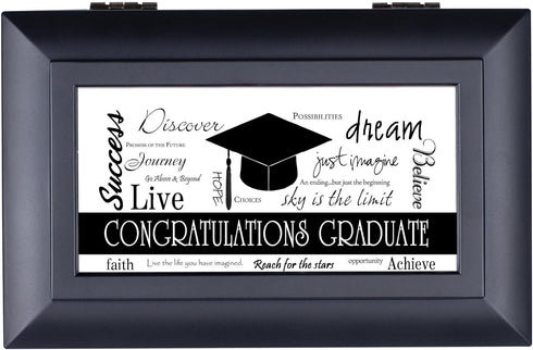 Cottage Garden Congratulations Graduate Jewelry Music Box - Matte Black Petite, Plays Wonderful World