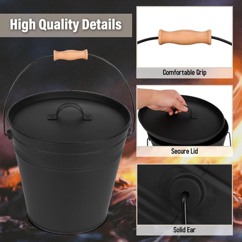 FEED GARDEN 3.5 Gallon Mini Ash Bucket with Lid, Shovel, Broom, Iron Metal Bucket for Fireplace Fire Pits, Indoor