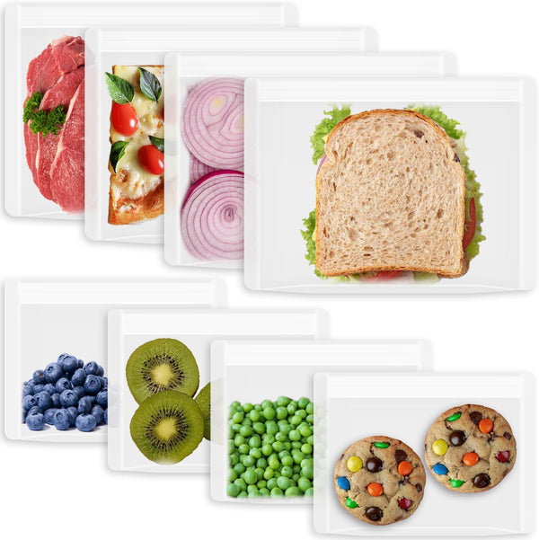 Reusable Sandwich Bags & Snack Bags Set, 8 Pack, 100% Silicone Ziplock Food Storage Containers, Dishwasher Safe