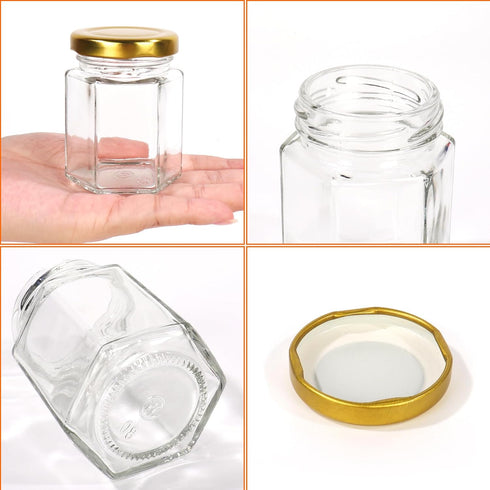 3 oz 20 Pack BIGIVACA Mini Honey Jars - Hexagon Glass Jars with Wood Dippers, Gold Lids, Bee Pendants, Jutes, Stickers