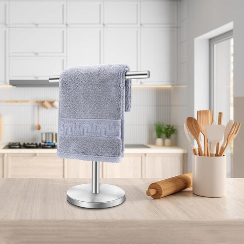 T-Shape Bath Hand Towel Holder Stand - Stainless Steel Free Standing Rack for Bathroom and Kitchen, Silver
