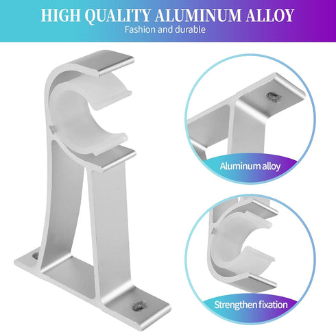 Sturdy Curtain Rod Brackets, Silver, Holds 1 to 1.25 Inch Rods, Wall Mount, Set of 2