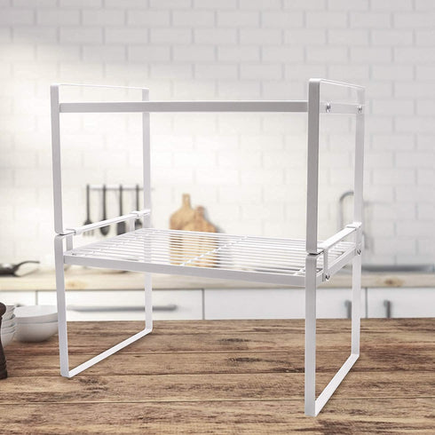 Kitchen Cabinet Shelf Organizer Rack, 2 Pack, Pantry Storage, Bathroom Bedroom Office Table Desk Space Saving, Steel