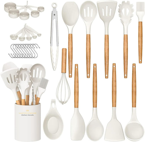 Kitchen Utensils Set, 33 pcs Non-Stick Silicone Cooking Utensils, Heat-Resistant Wooden Gadgets for Cooking, White