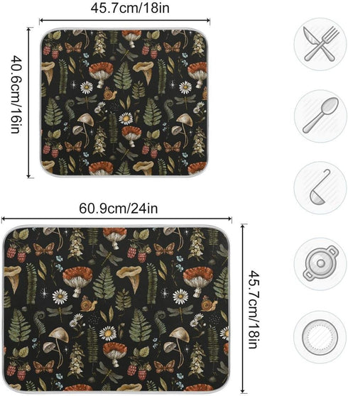 Vintage Botanical Mushroom Fern Leaves Berry Dish Drying Mat, Super Absorbent Microfiber Kitchen Countertop Protector