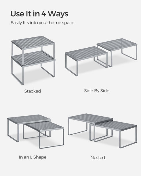 SONGMICS Spice Racks - Set of 2 Metal Cabinet Shelf Organizers, Stackable, Expandable, Silver
