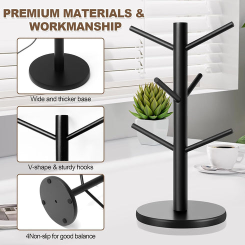 Mug Tree - Thicker Base Coffee Cup Holder for Countertop, Sturdy Wood Stand with 6 Hooks