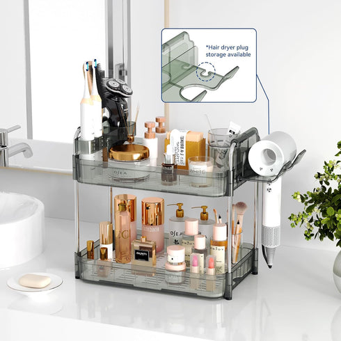 Counter 2 Countertop, Bathroom Organizer, Tier Makeup Skincare Storage Tray with Hair Dryer Holder and Toothbrush Rack