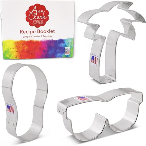 Ann Clark Summer Beach Cookie Cutters 3-Pc. Set, Flip Flop, Sunglasses, Palm Tree, Made in USA