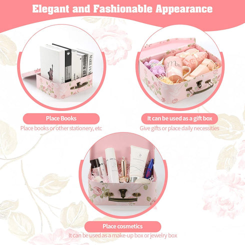 Set of 3 Paperboard Suitcases Storage Box with Lids for Photo Storage, Home Decoration, Gift Decoration (3Pcs, Pink
