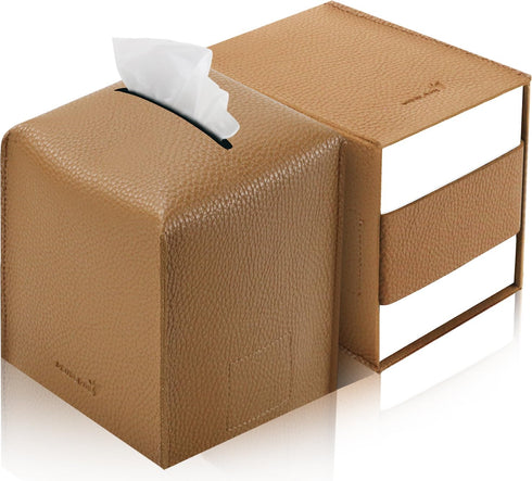 Tissue Box Cover 5X5X5'' - PU Leather Square Tissue Holder for Bathroom Vanity, Car, Night Stands, Office, Kitchen